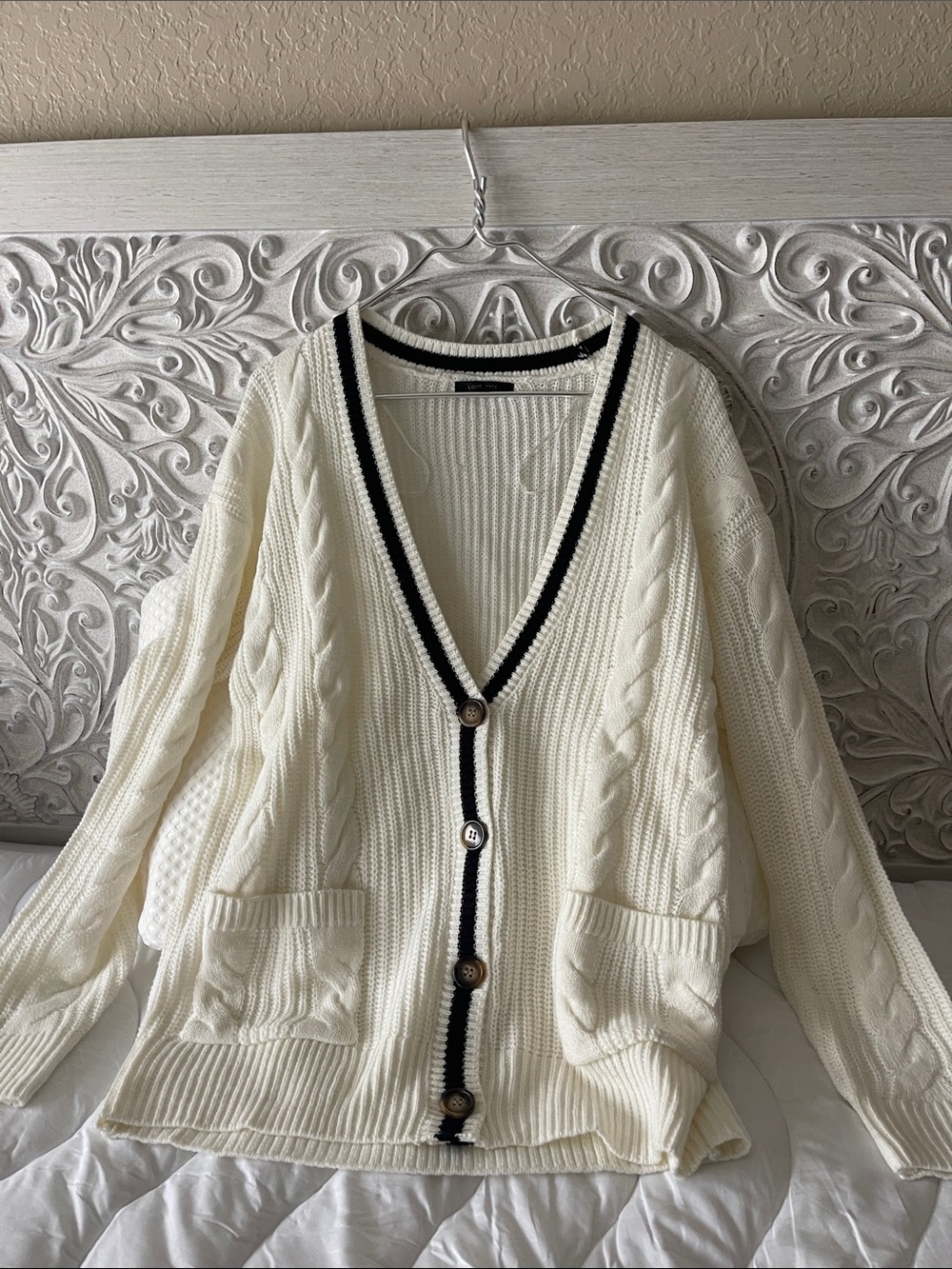 Love Tree Cream Cable-Knit Cardigan with Black Trim